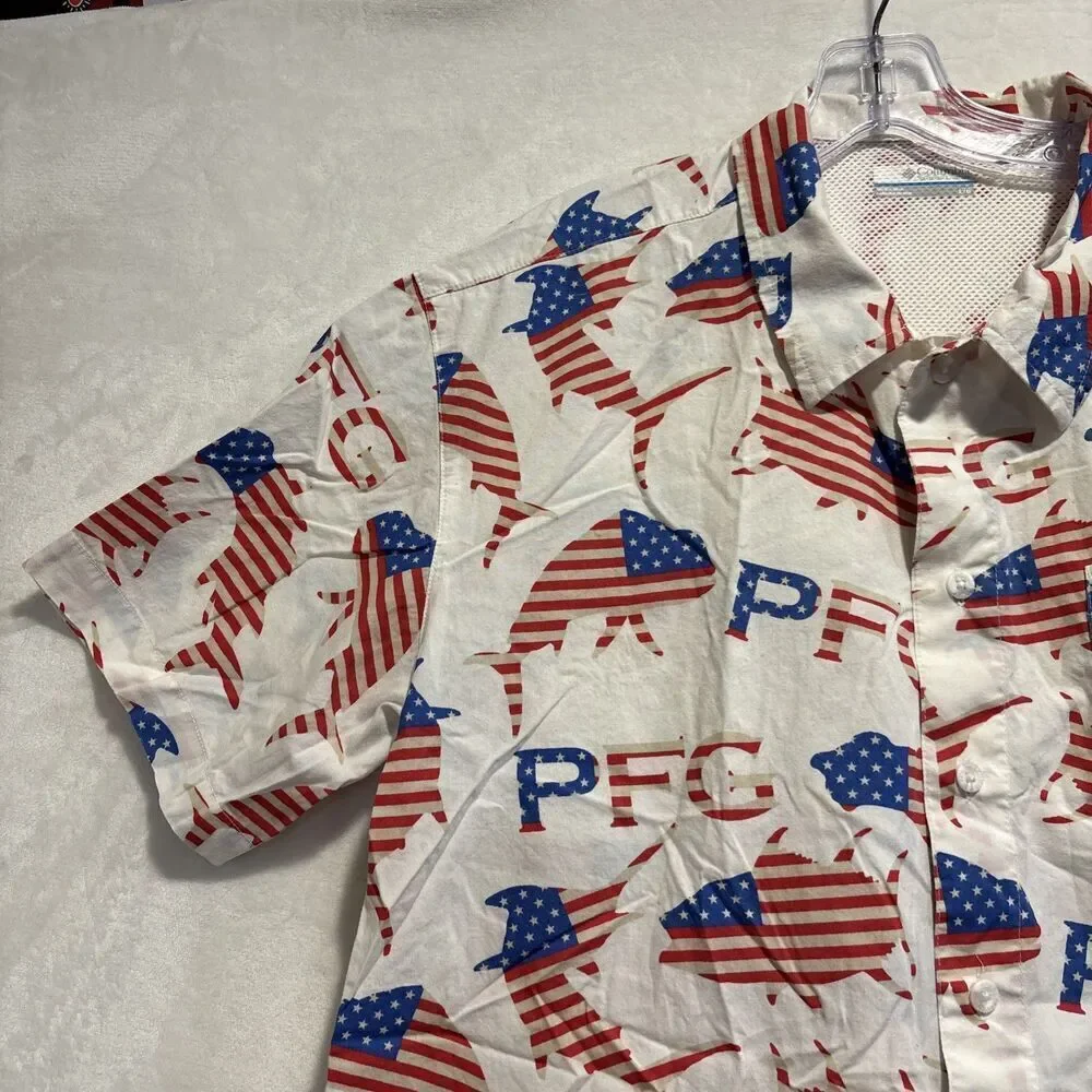 Columbia PFG American Flag Fish Shirt Men's Red White Blue Short Sleeve Large